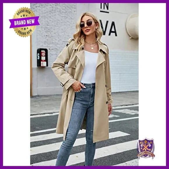 Women's Double Breasted Long Trench Coat Windproof Slim Fit Overcoat